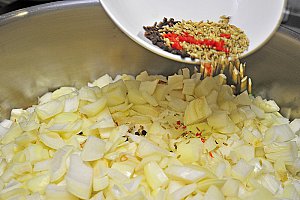 Ajouter les clous de girofle, le morceau de piment, les graines de fenouil, les grains de poivre noir et le sel.